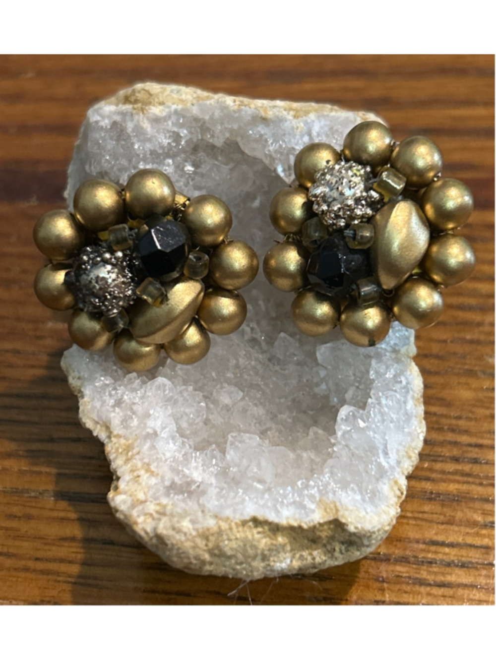 Women's vintage Japan signed Gold & Black Beaded Clip-On Earrings, One Size